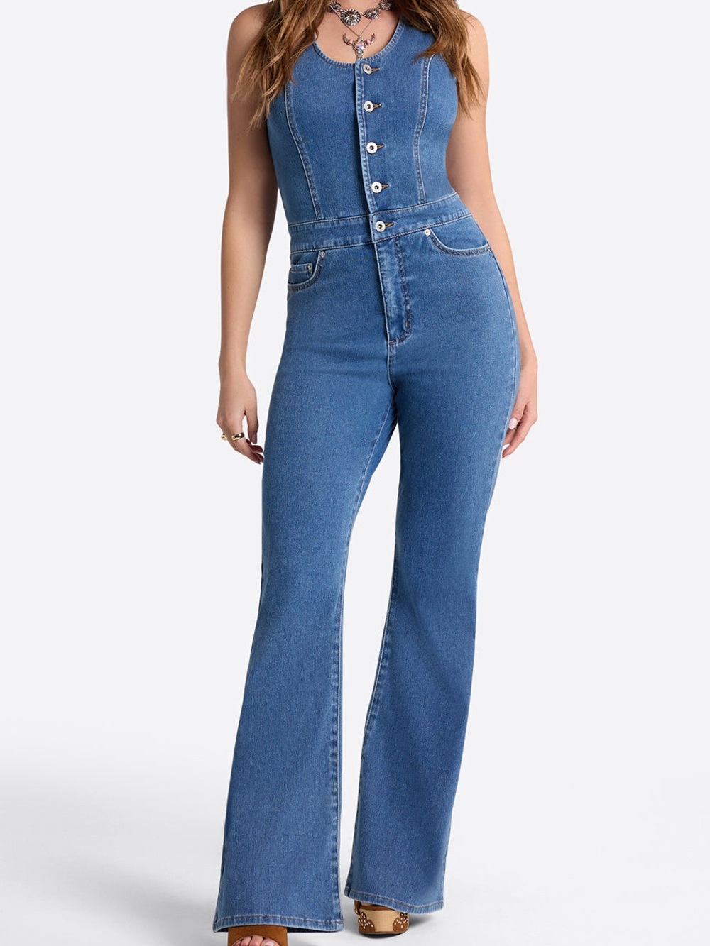 ✨ Jessica Simpson Denim Flare Jumpsuit Whishered Blue Retro 70s Size 8